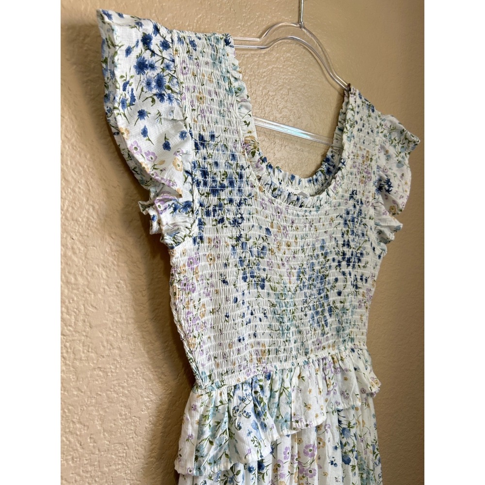 By River Floral Smocked Midi Dress Blue White Ruffle Small Cottage Boho Fairy - Picture 8 of 10